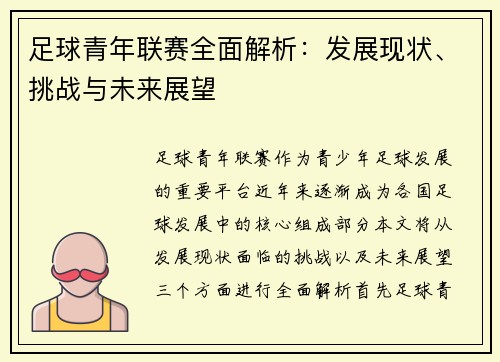 足球青年联赛全面解析：发展现状、挑战与未来展望