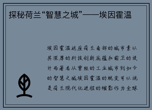 探秘荷兰“智慧之城”——埃因霍温